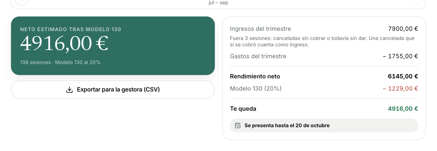 Pantalla de Gestoría: el neto del trimestre tras el Modelo 130, los ingresos, los gastos y la fecha límite para presentarlo