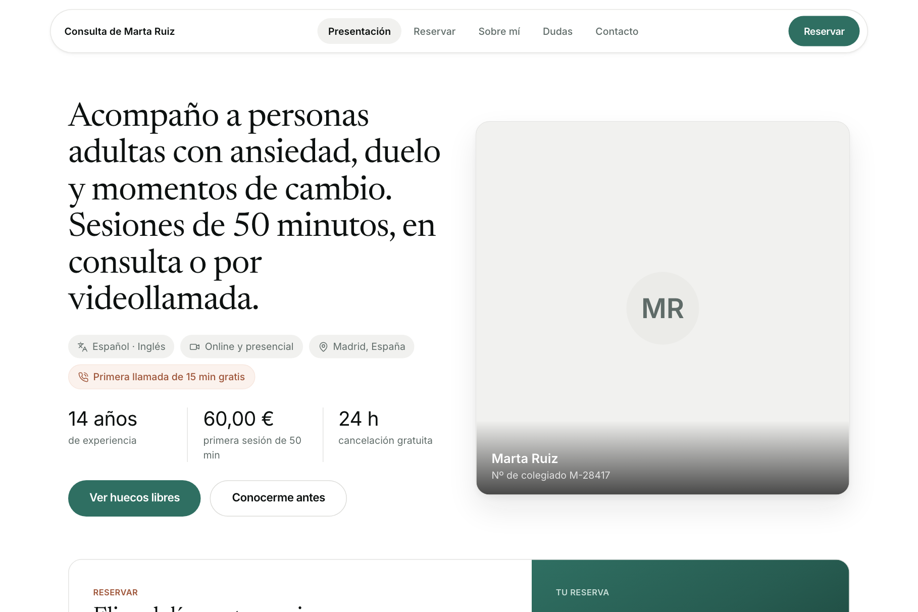 Página pública de una psicóloga con su presentación, sus tarifas y el botón de reservar
